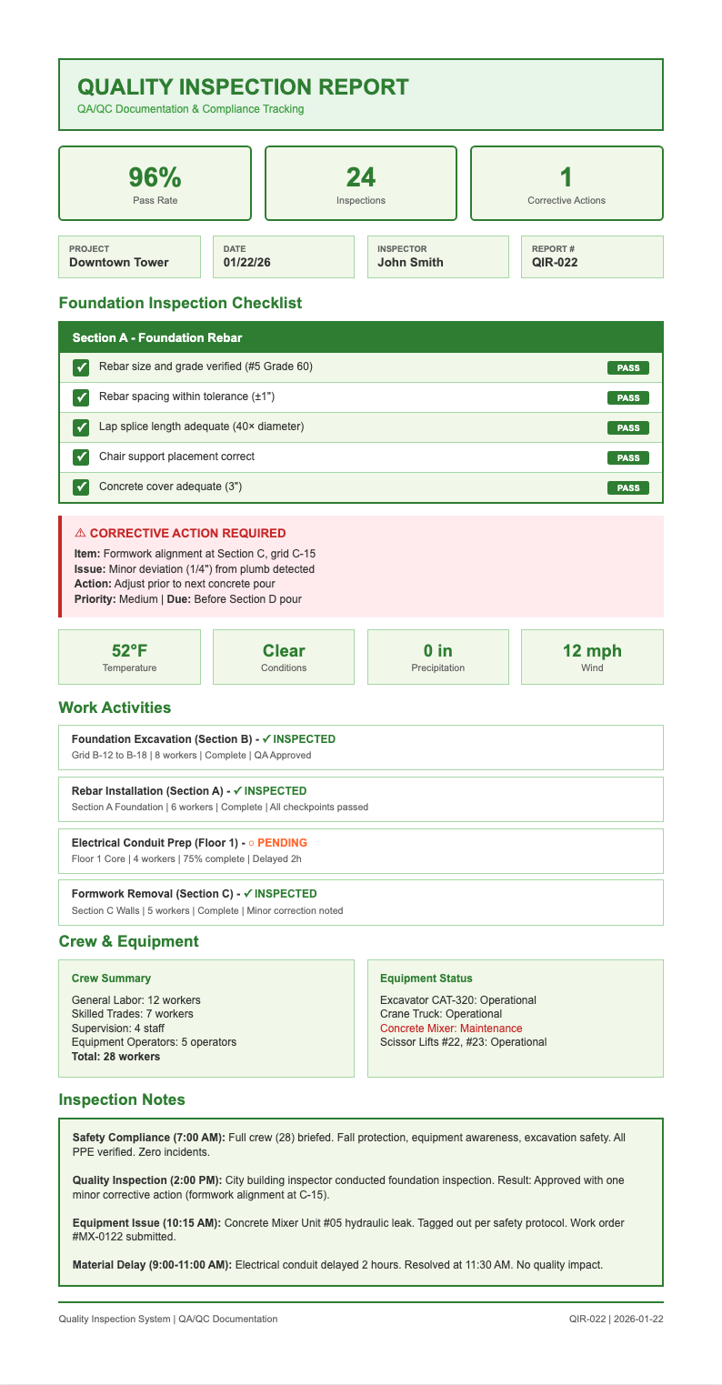 Quality inspection construction report